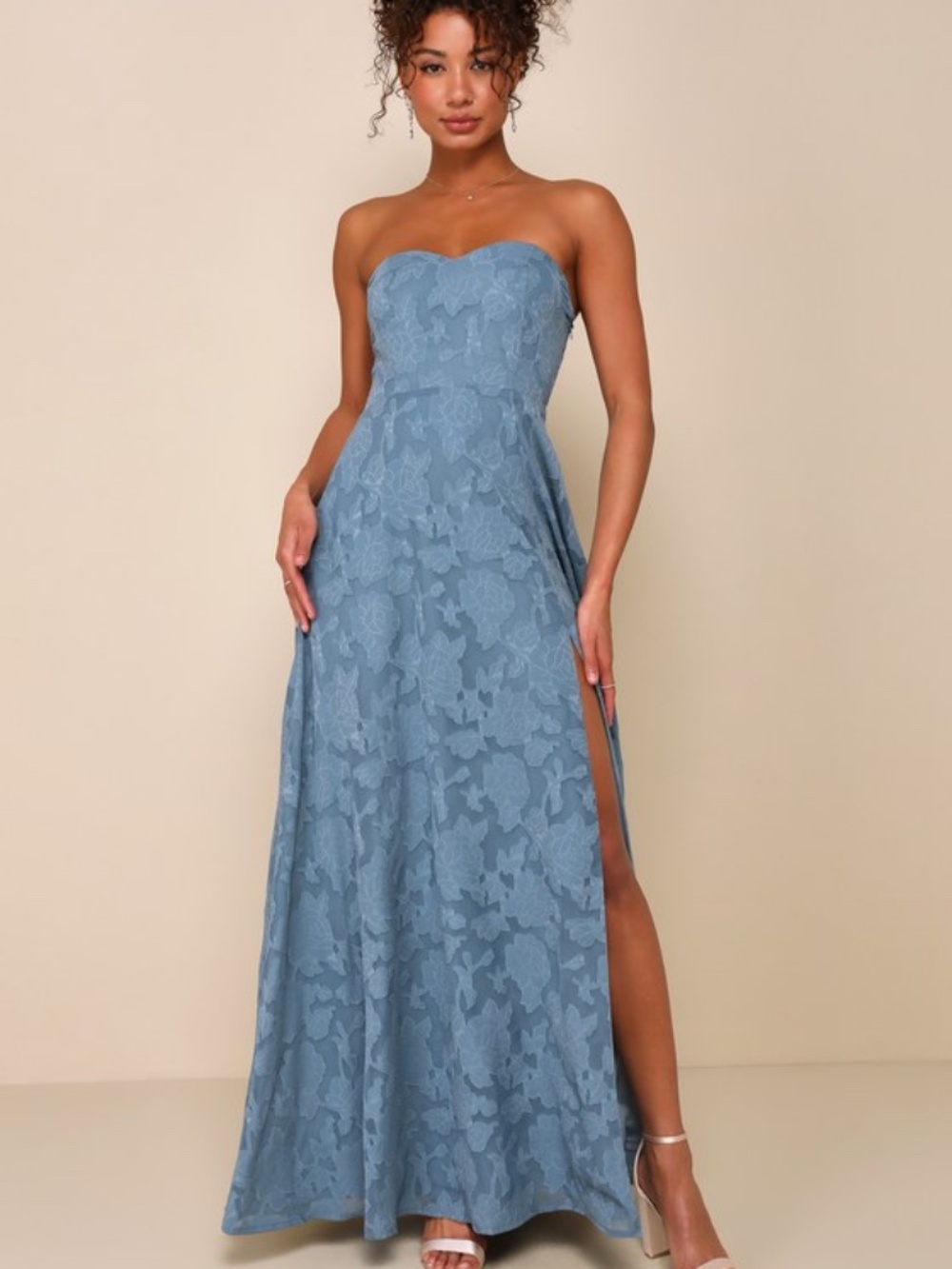 Lulus Garden Of Romance Dusty Blue Floral Burnout Strapless Maxi Dress - Size M